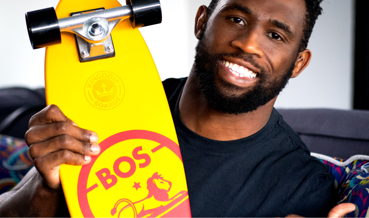 BOS Marketing x Siya kolisi studio shoot featuring skateboard giveaway