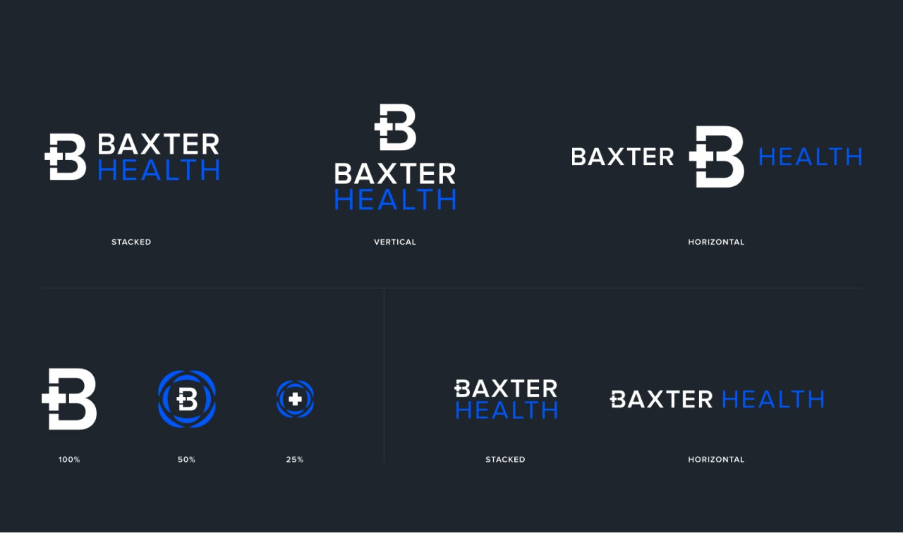 Baxter Health logo suite on black
